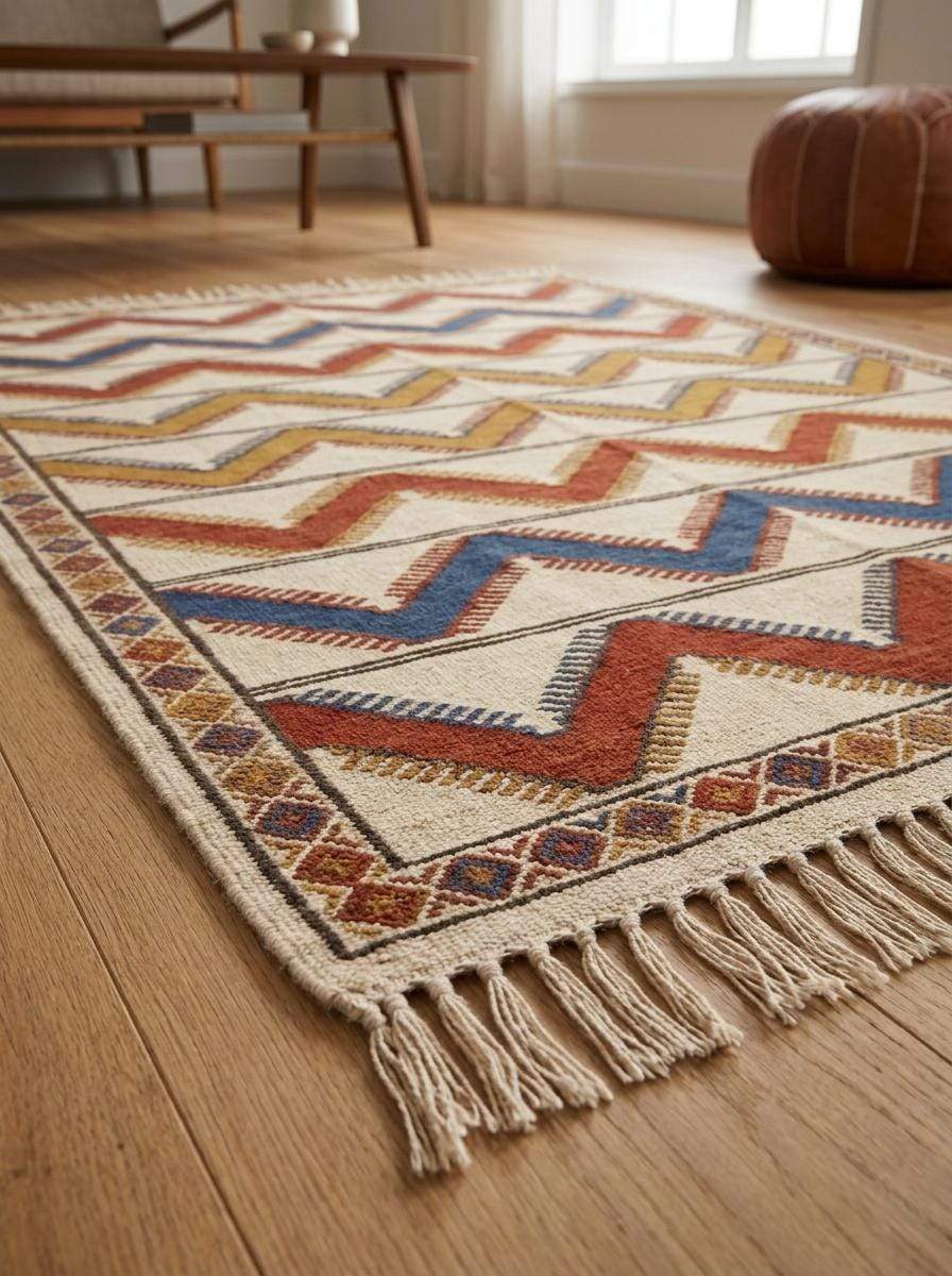 Handwoven ivory rust chevron kilim rug with wool flatweave and diamond border in bohemian living room style