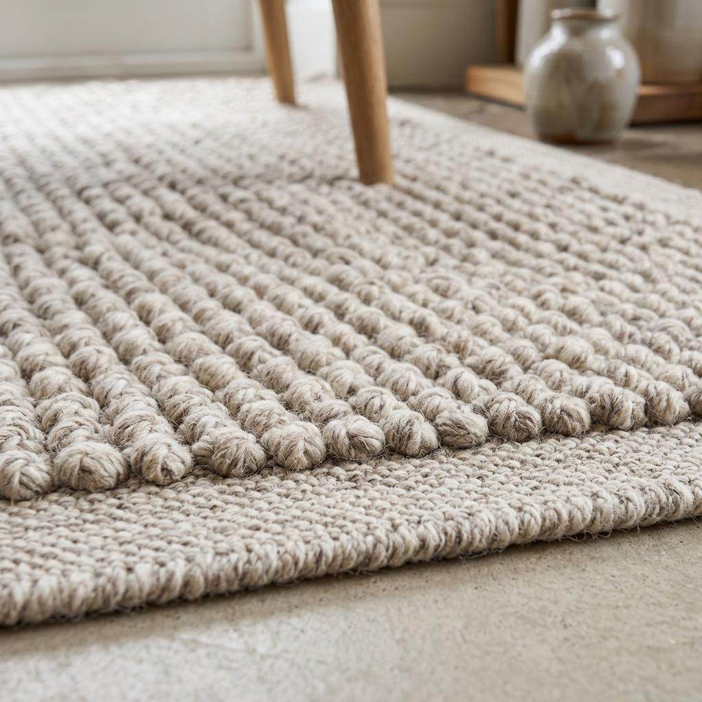 Chunky loop wool rug hand woven ivory beige textured Scandinavian living room area rug