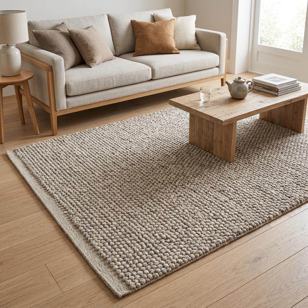 Hand woven chunky loop wool rug in ivory beige with textured Scandinavian design