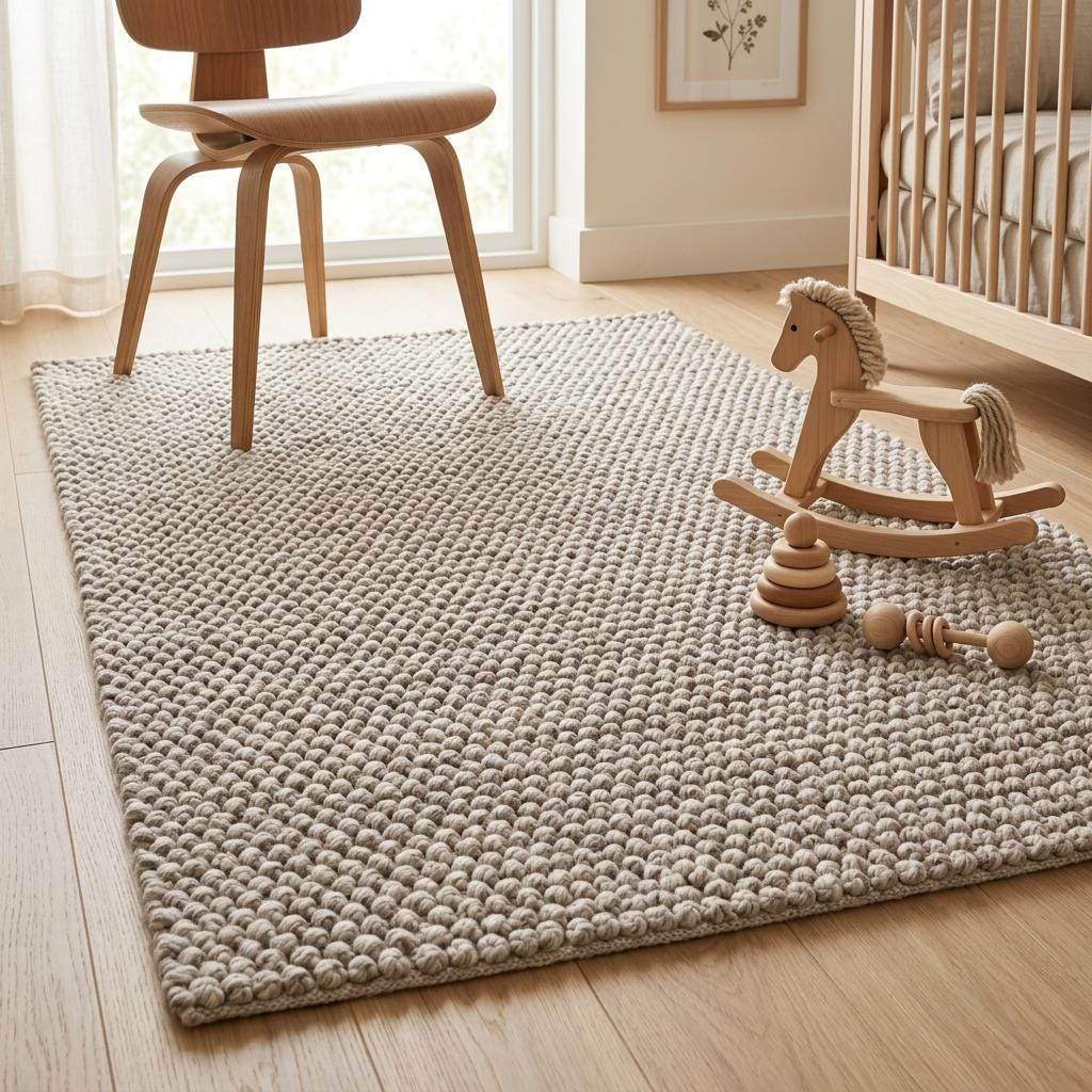 Chunky loop wool rug hand woven ivory beige textured Scandinavian living room rug