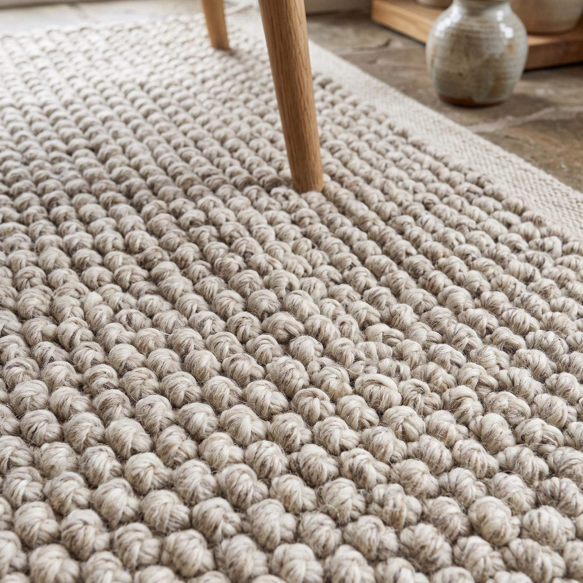 Chunky loop wool rug hand woven ivory beige textured Scandinavian living room rug