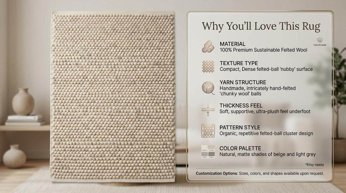 Handwoven pebble weave wool area rug in ivory beige with textured raised loops for living room decor