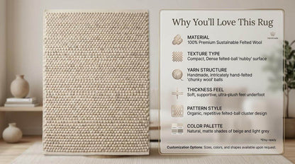 Handwoven pebble weave wool area rug in ivory beige with textured raised loops for living room decor