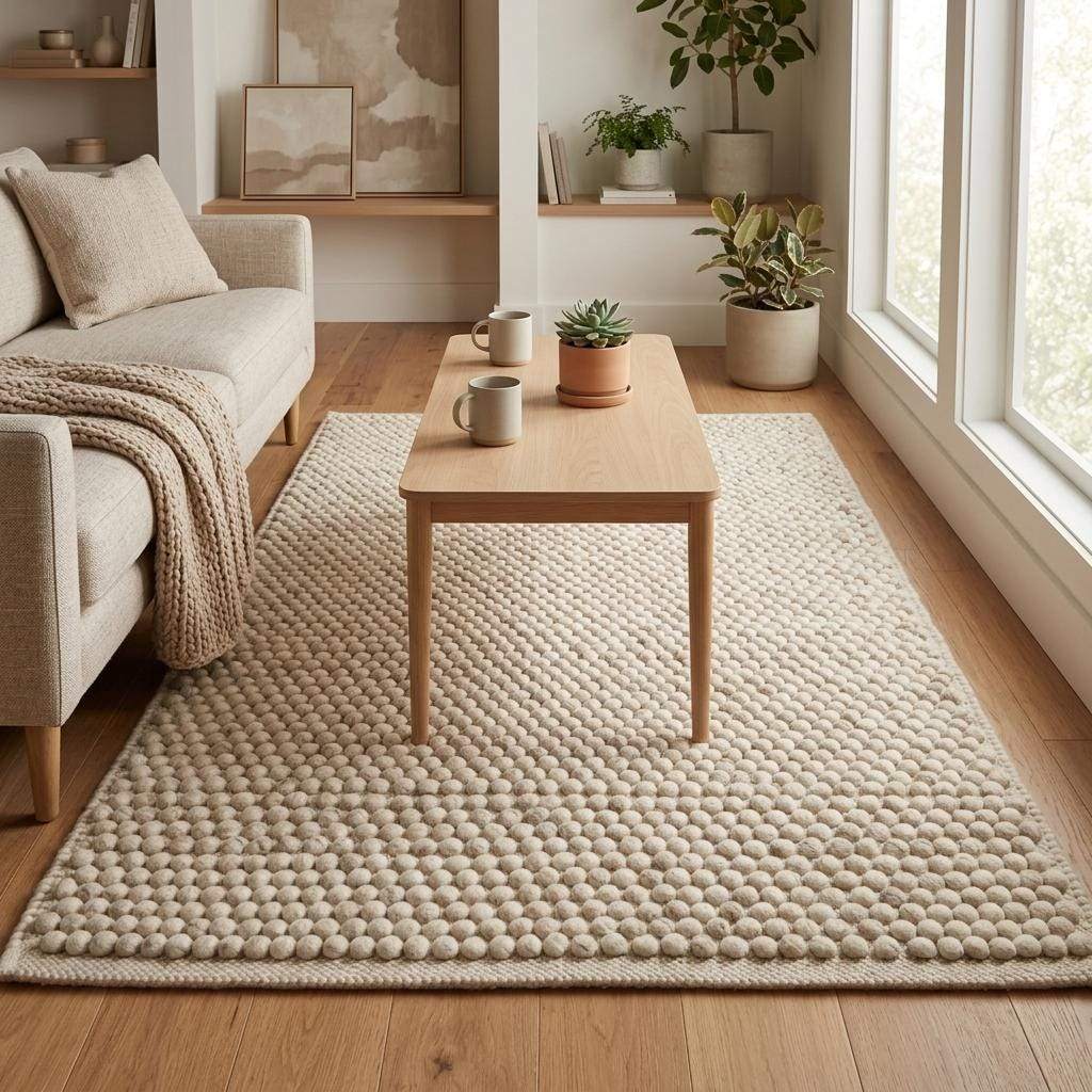 Handwoven pebble weave wool area rug in ivory beige with textured raised loops for living room decor