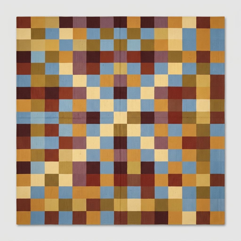 Handwoven checkerboard cotton dhurrie rug in mustard, blue, and burgundy flatweave design