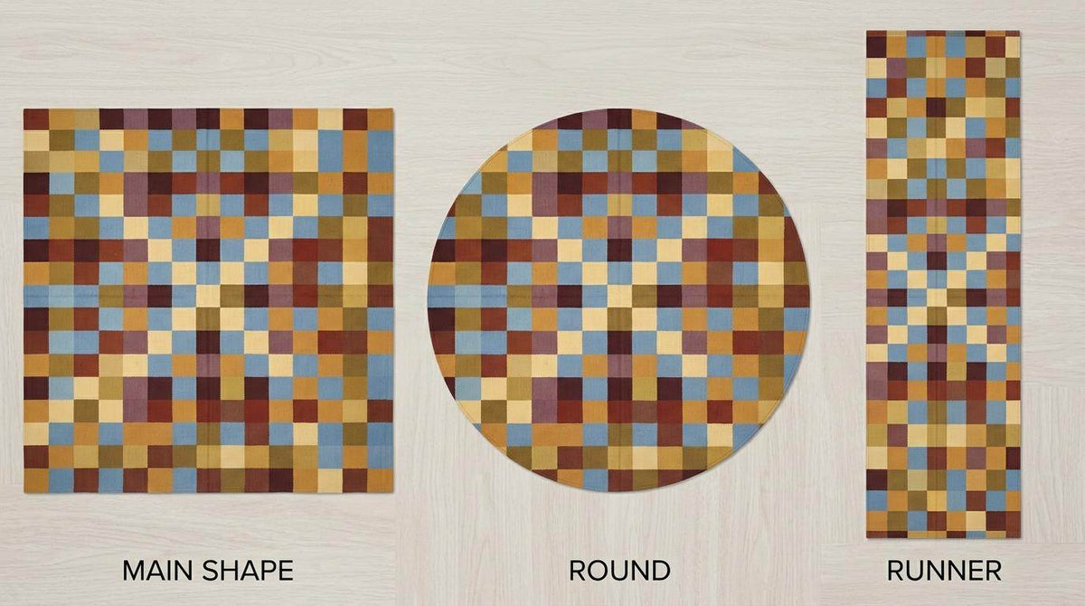 Handwoven checkerboard cotton dhurrie rug in mustard, blue, and burgundy flatweave design