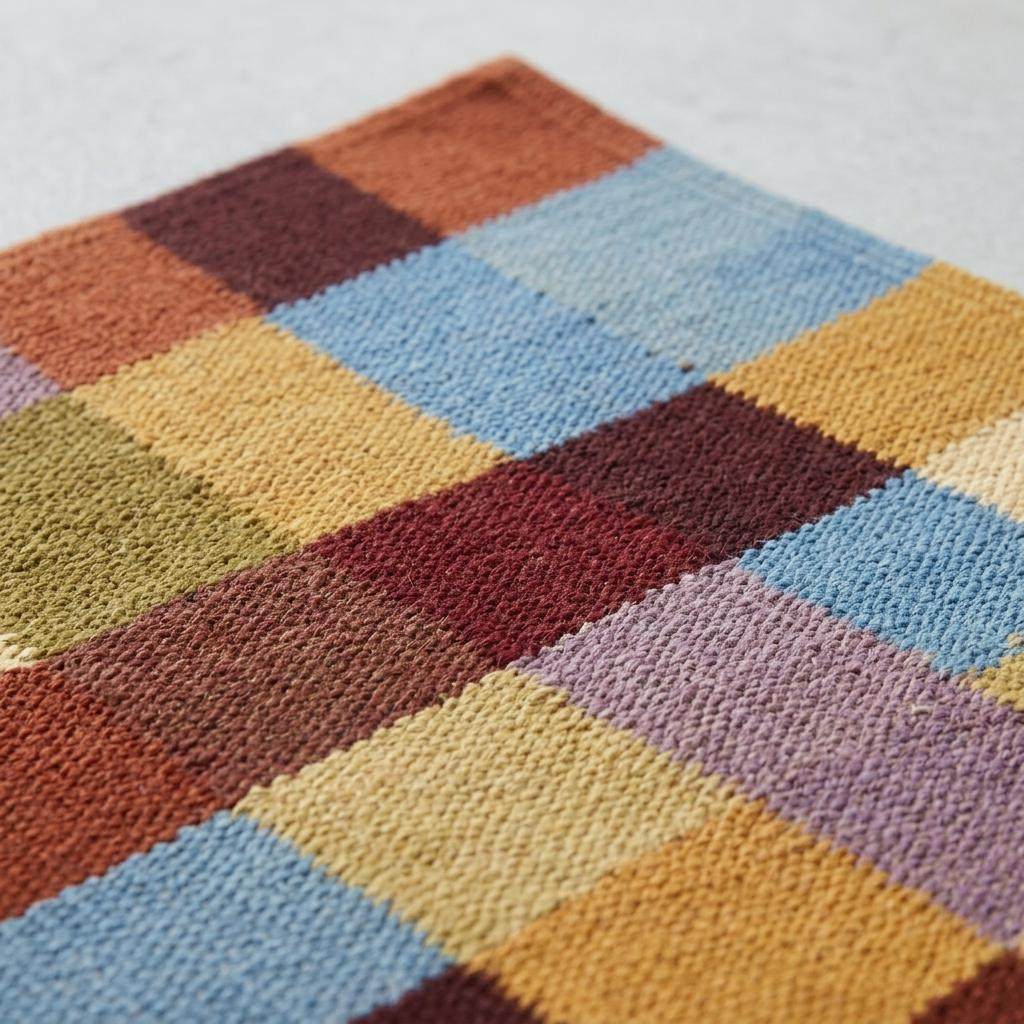 Handwoven checkerboard cotton dhurrie rug in mustard, blue, and burgundy flatweave design