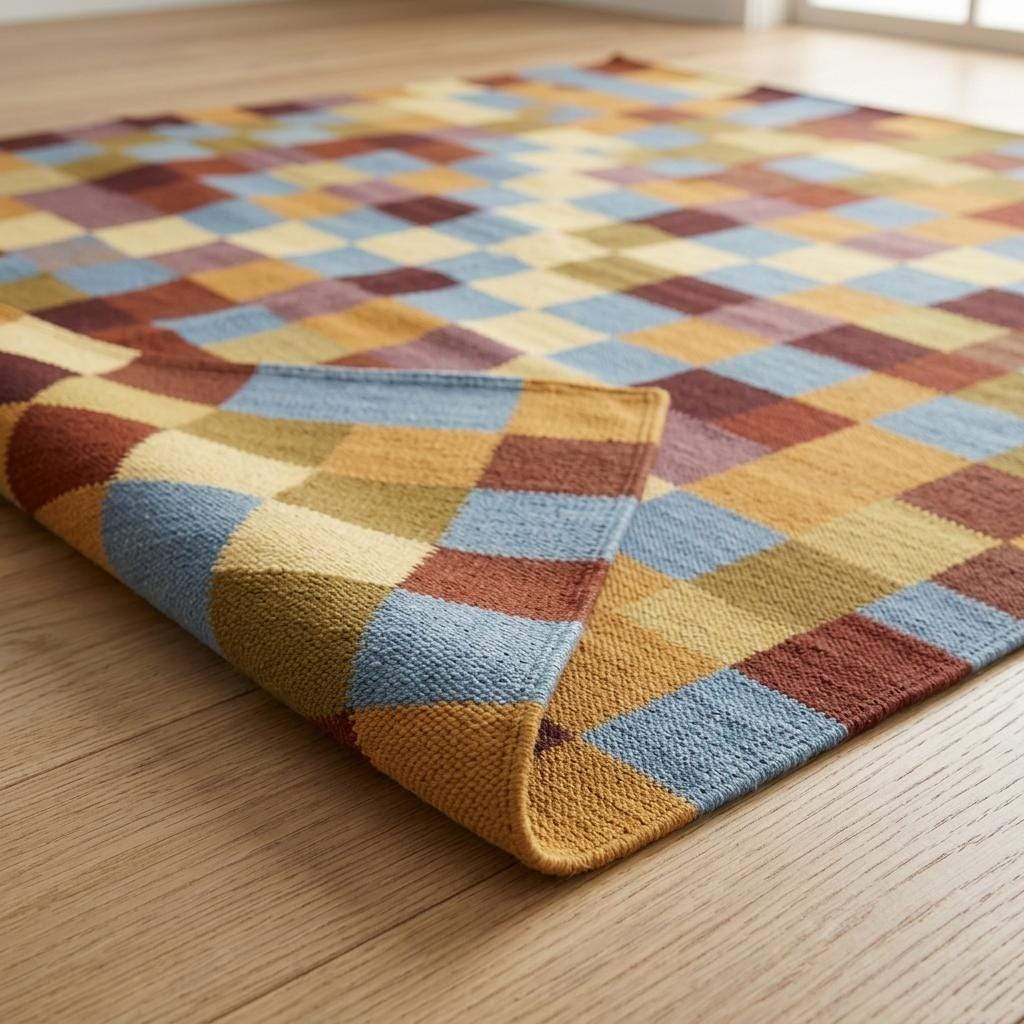 Handwoven checkerboard cotton dhurrie rug in mustard, blue, burgundy flatweave design