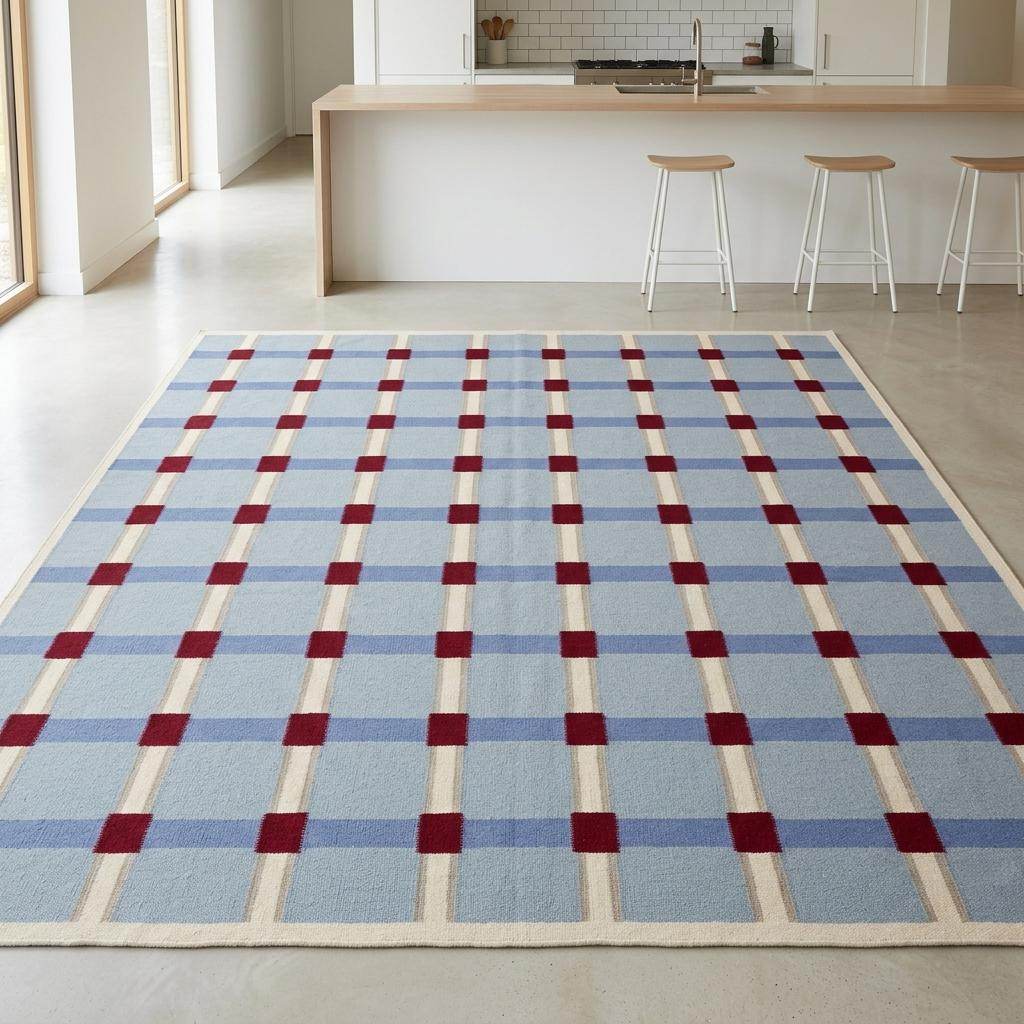 Handwoven pale blue flatweave wool rug with red grid check pattern for modern living room