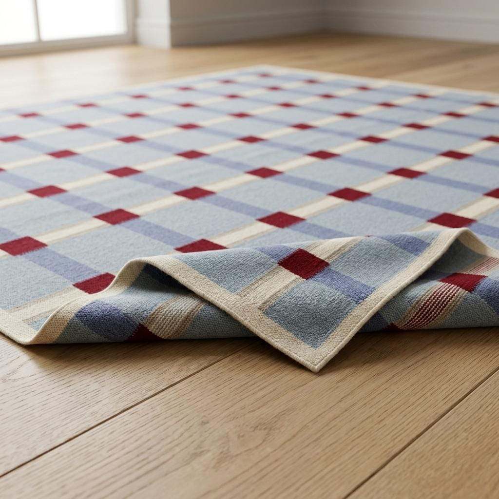 Pale blue flatweave wool rug with red grid check pattern, handwoven modern dhurrie for living room.