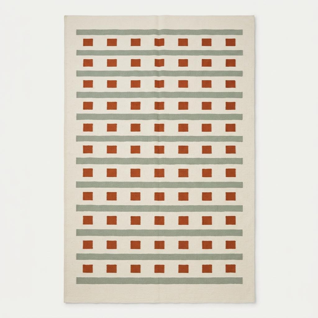 Handwoven ivory sage green flatweave dhurrie rug with terracotta stripes and squares in living room setting