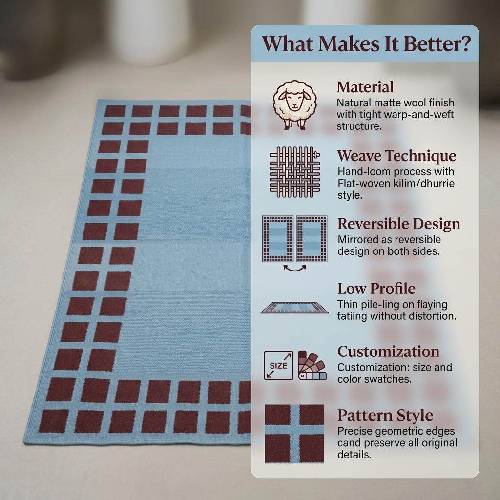 Handwoven sky blue dhurrie rug with maroon square border flatweave design