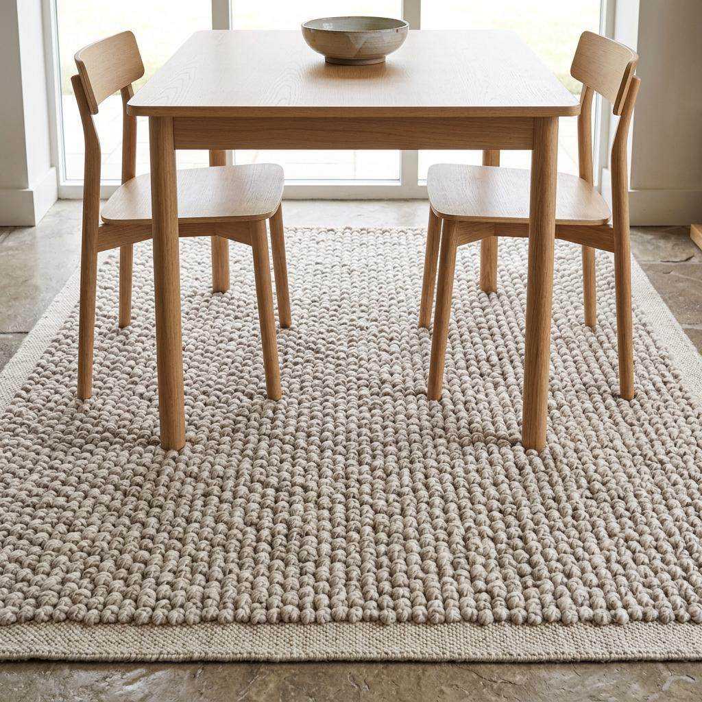 Chunky loop wool rug hand woven ivory beige textured Scandinavian living room floor covering