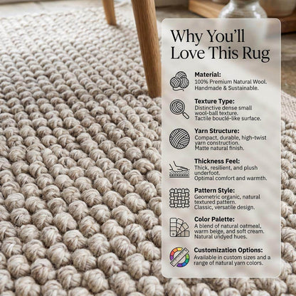 Hand woven chunky loop wool rug in ivory beige for Scandinavian living room decor