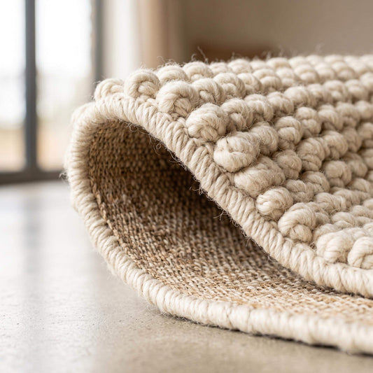 Ivory textured hand-woven wool rug with chunky bobble loop weave for neutral living room decor