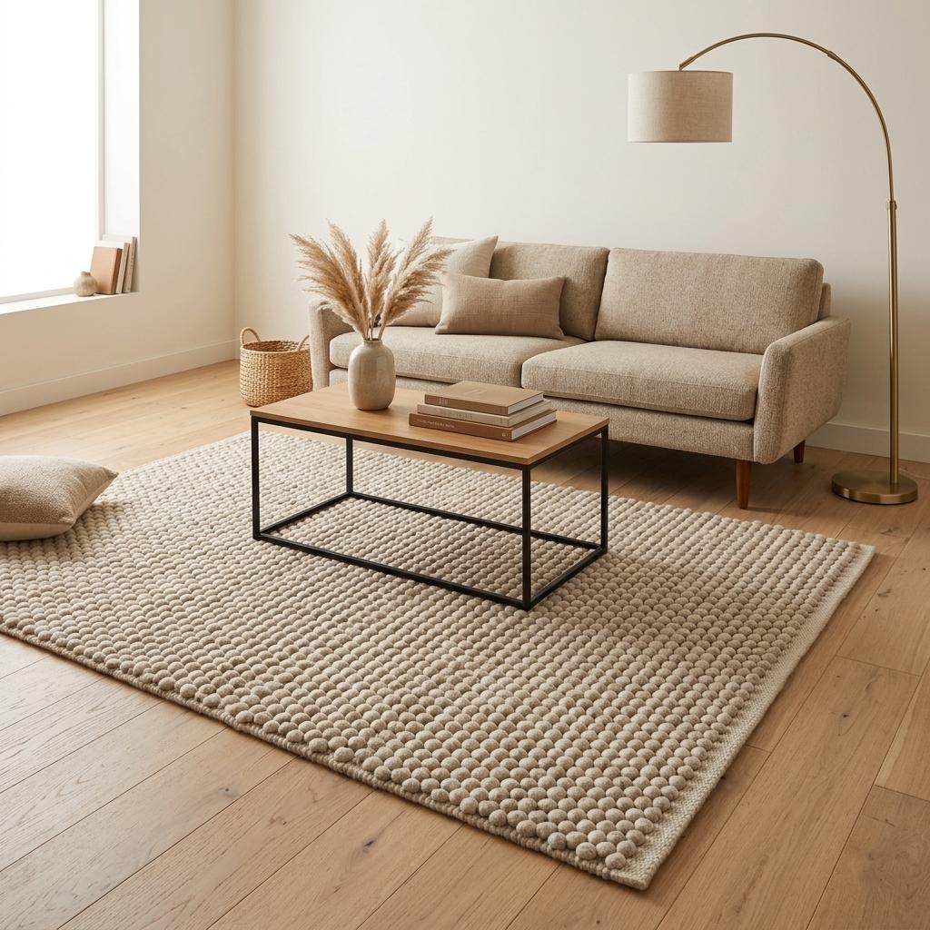 Handwoven pebble weave wool area rug in ivory beige with textured chunky loops for living room decor