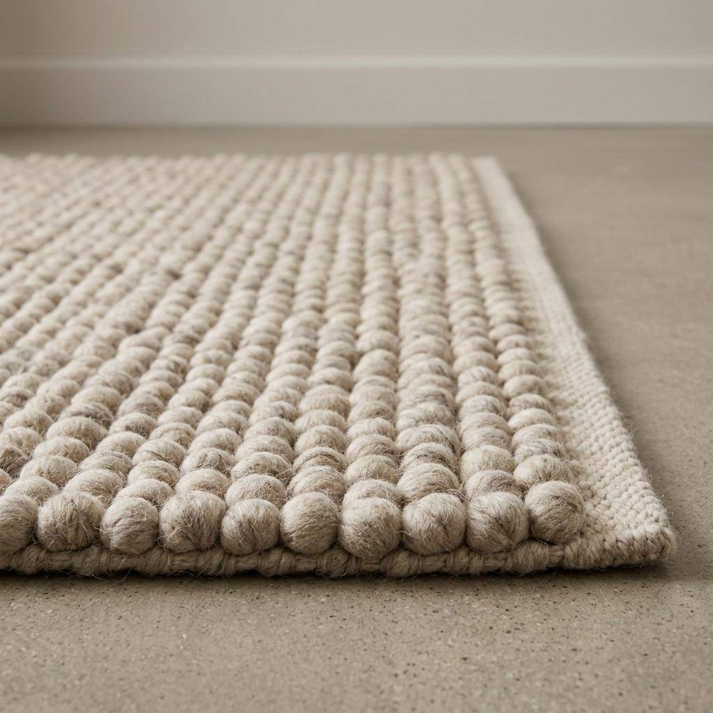 Handwoven pebble weave wool area rug in ivory beige with textured chunky loops for living room decor
