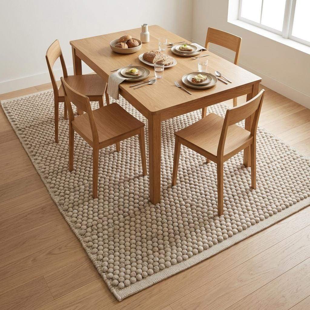 Handwoven pebble weave wool area rug in ivory beige with chunky textured loops for living room decor