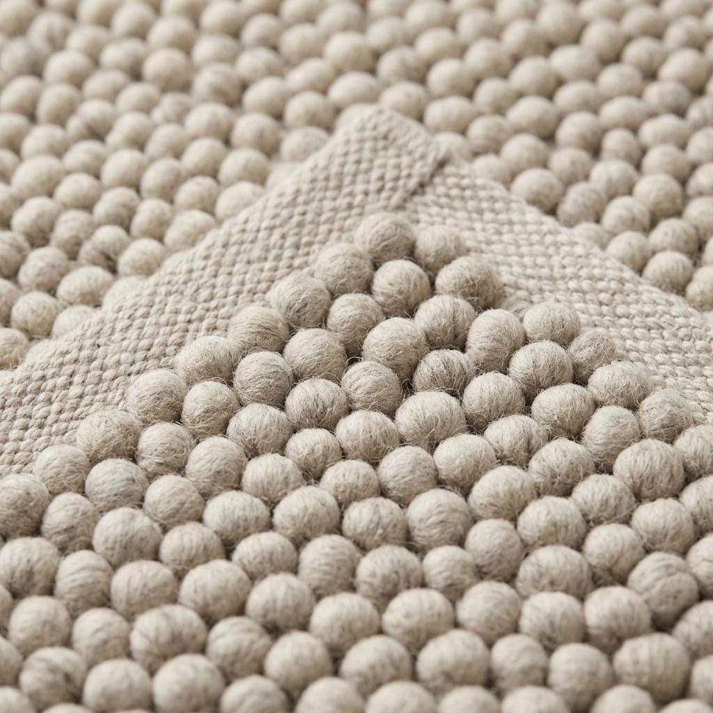 Handwoven pebble weave wool area rug in ivory and beige with textured raised loops for living room decor
