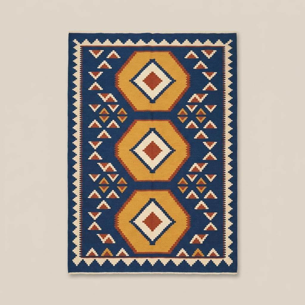 Handwoven blue kilim rug with golden geometric medallions and ivory border flatweave Persian design