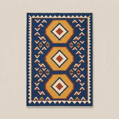 Handwoven blue kilim rug with golden geometric medallions and ivory border flatweave Persian design