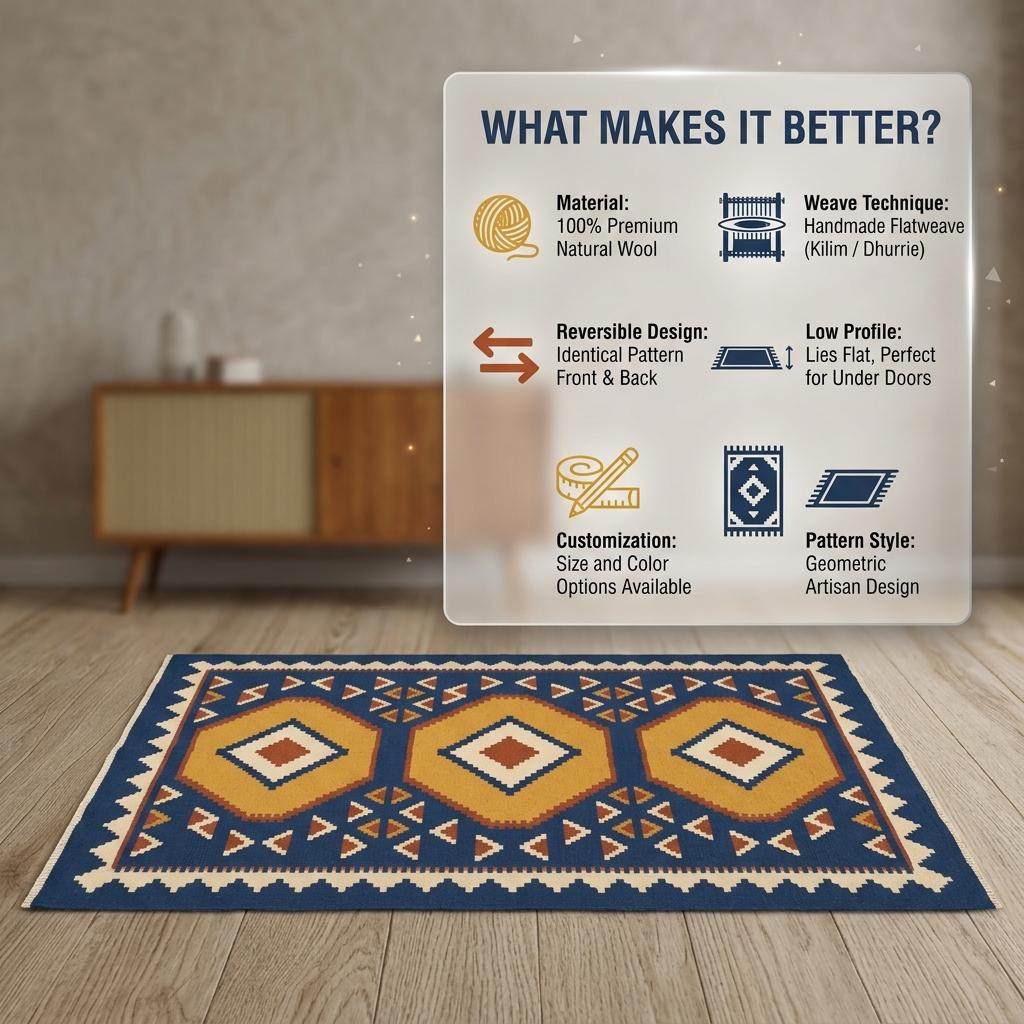 Handwoven blue kilim rug with golden hexagon medallions and ivory serrated border.