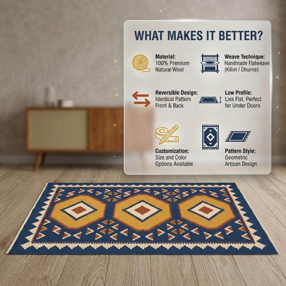 Handwoven blue kilim rug with golden hexagon medallions and ivory serrated border.