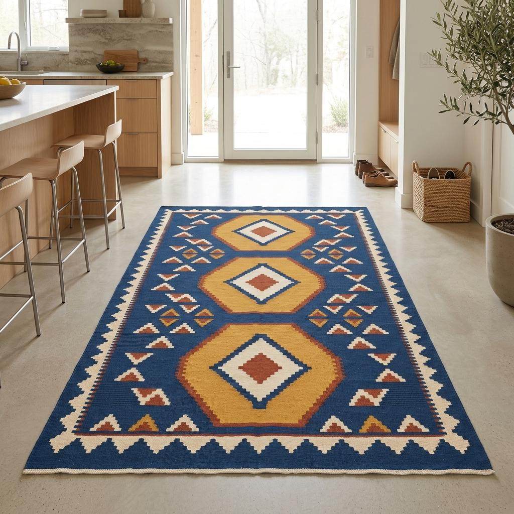 Handwoven blue kilim rug with gold geometric medallions on indigo background and ivory border