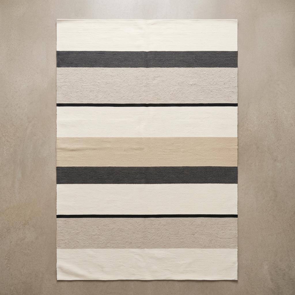 Ivory black striped flatweave wool rug with handwoven Scandinavian modern design
