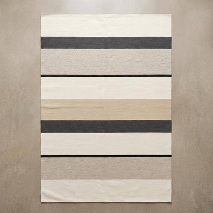 Ivory black striped flatweave wool rug with handwoven Scandinavian modern design