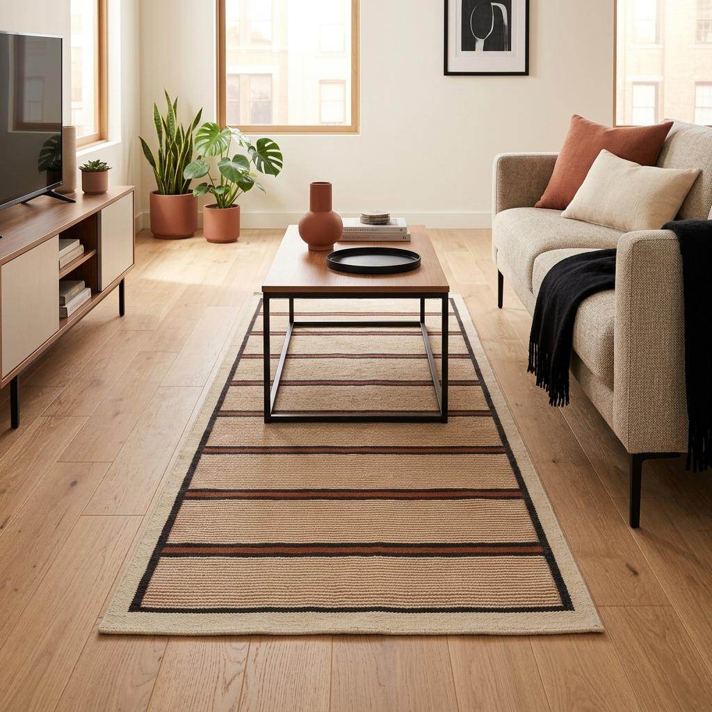 Handwoven wool flatweave runner rug in ivory with navy and rust stripes for kitchen or hallway