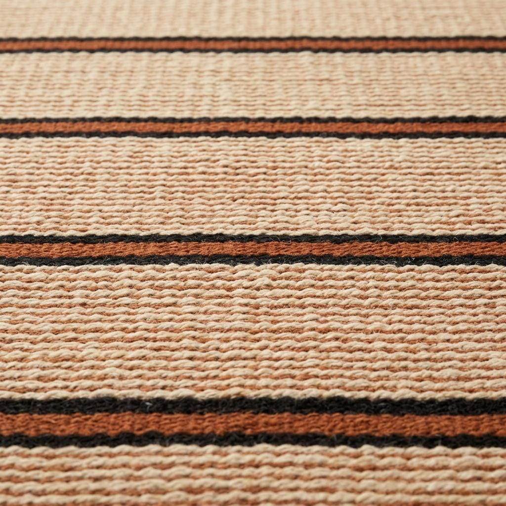 Handwoven wool flatweave runner rug with ivory, navy, and rust stripes for kitchen and hallway use