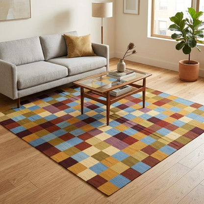 Handwoven checkerboard cotton dhurrie rug in mustard, blue, burgundy, and cream flatweave design