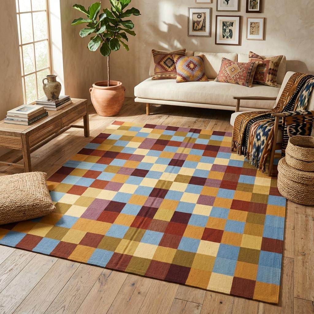 Handwoven checkerboard cotton dhurrie rug in mustard, blue, and burgundy flatweave design for living room floor