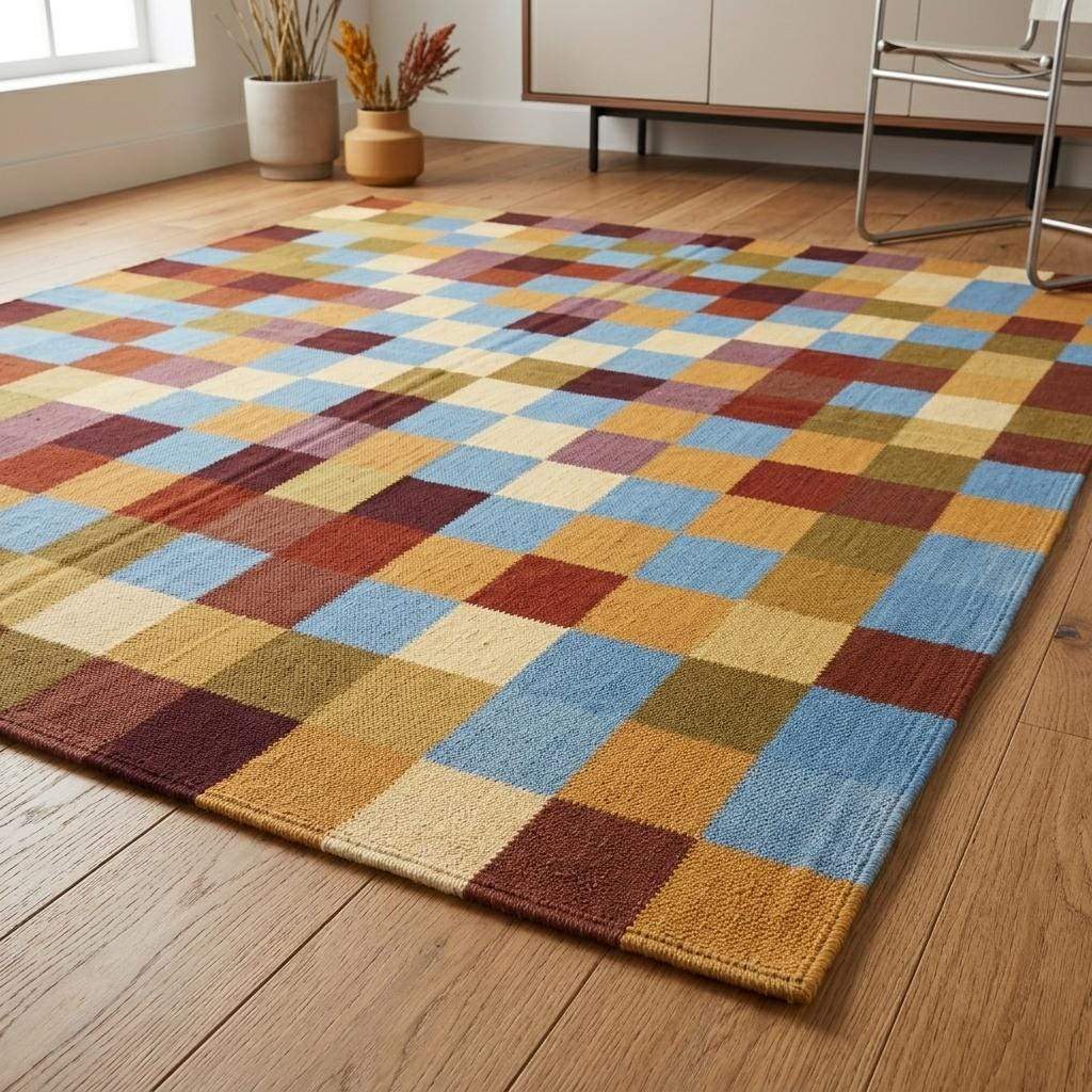 Checkerboard cotton dhurrie rug in mustard, blue, and burgundy handwoven flatweave design for living room decor