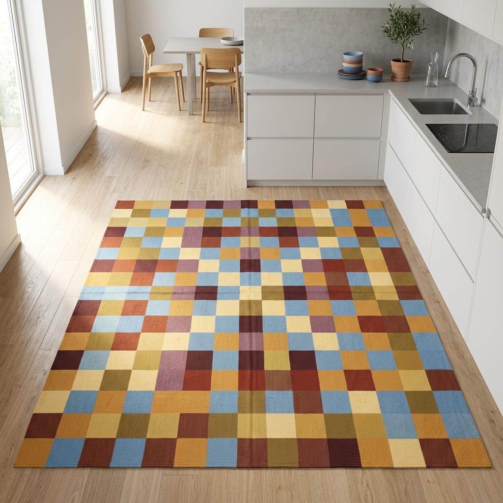 Handwoven checkerboard cotton dhurrie rug in mustard blue and burgundy flatweave design