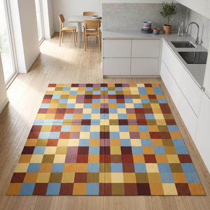 Handwoven checkerboard cotton dhurrie rug in mustard blue and burgundy flatweave design