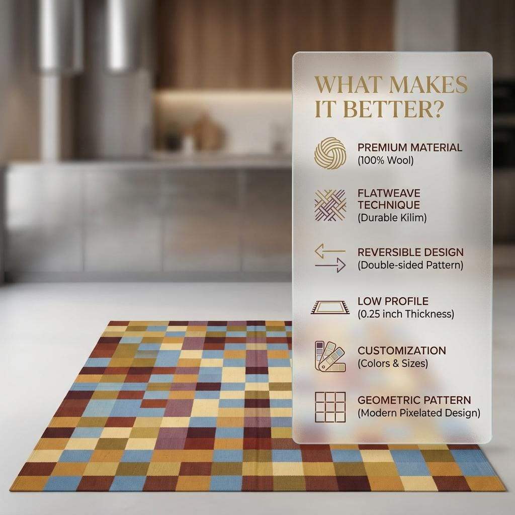 Handwoven checkerboard cotton dhurrie rug in mustard, blue, and burgundy flatweave style