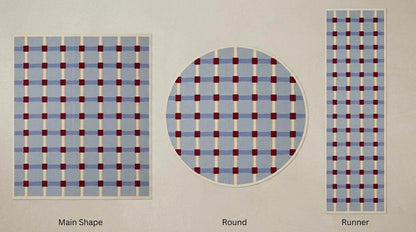 Handwoven pale blue flatweave wool rug with red grid check pattern for modern living room