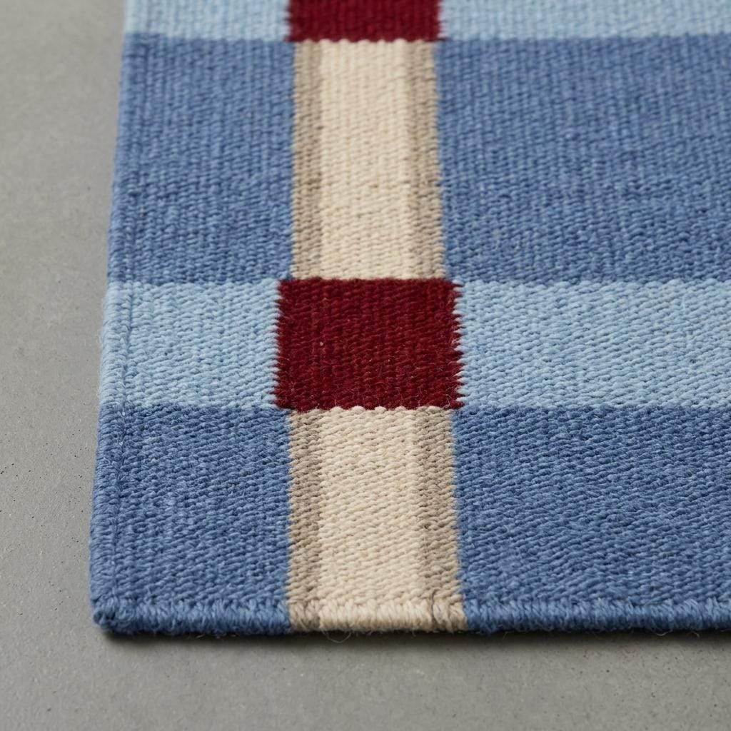 Handwoven pale blue flatweave wool rug with red grid check pattern for modern living rooms