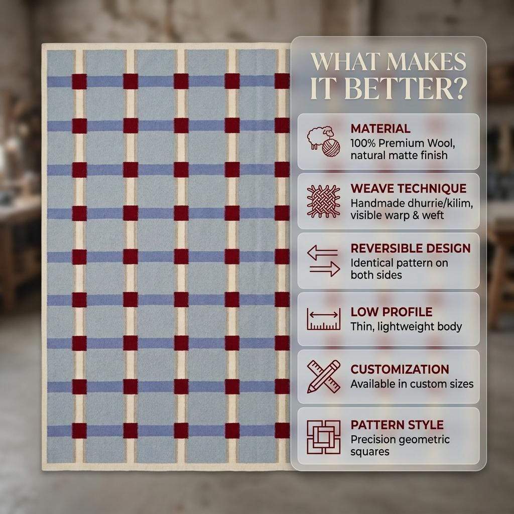 Pale blue flatweave wool rug with red grid check pattern in modern living room setting