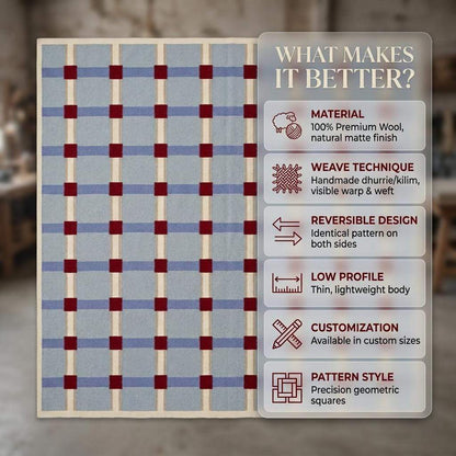 Pale blue flatweave wool rug with red grid check pattern in modern living room setting