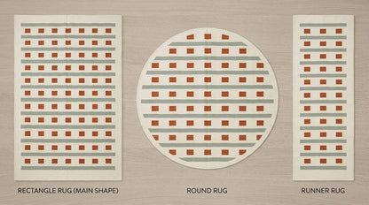 Ivory sage green flatweave dhurrie rug with terracotta squares and stripes in living room setting