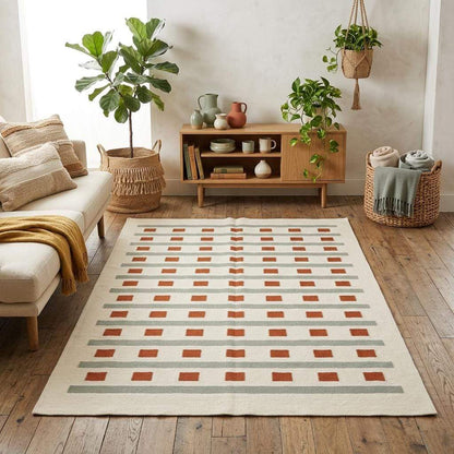 Ivory sage green and terracotta flatweave dhurrie rug with horizontal stripes and squares, handwoven wool area rug for living room