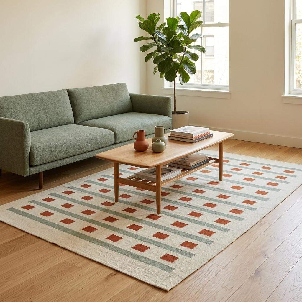 Ivory sage green flatweave dhurrie rug with terracotta square stripe pattern in living room setting