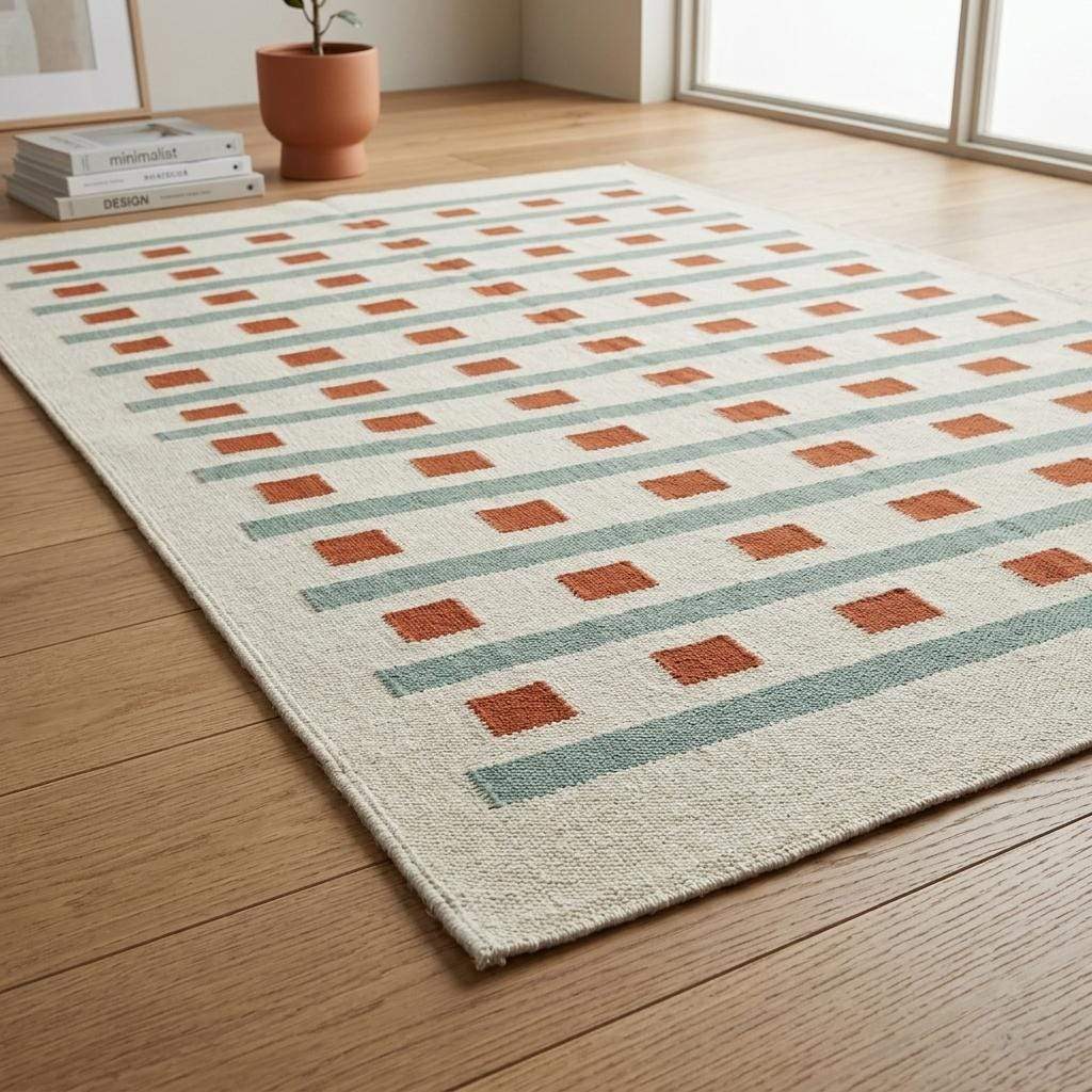 Ivory sage green flatweave dhurrie rug with terracotta square stripes in living room setting