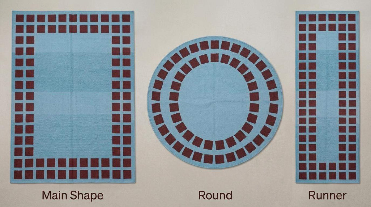 Handwoven sky blue dhurrie rug with maroon square border flatweave wool design