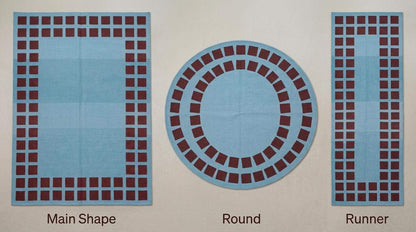 Handwoven sky blue dhurrie rug with maroon square border flatweave wool design