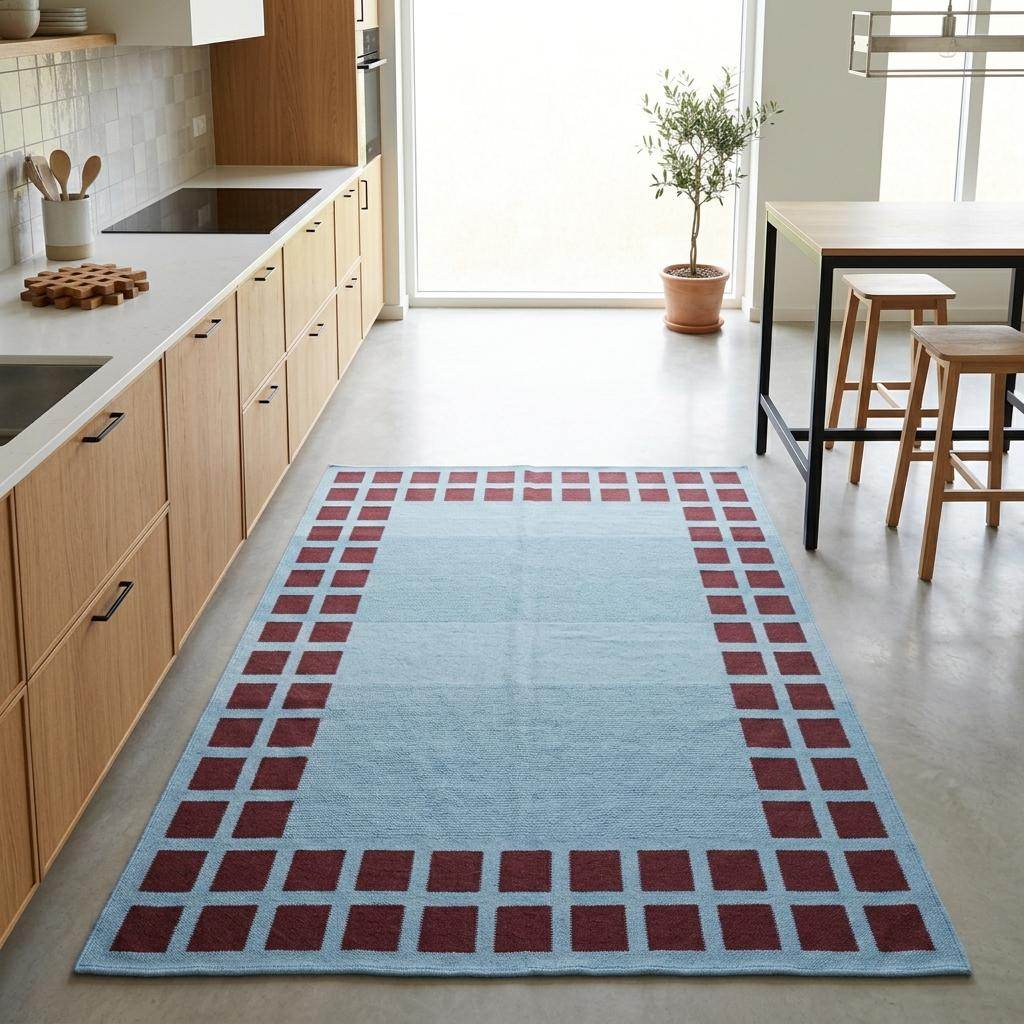Handwoven sky blue dhurrie rug with maroon square border flatweave wool carpet