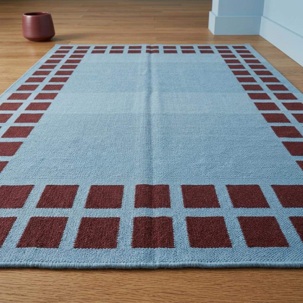 Handwoven sky blue Dhurrie rug with maroon square border flatweave wool living room carpet